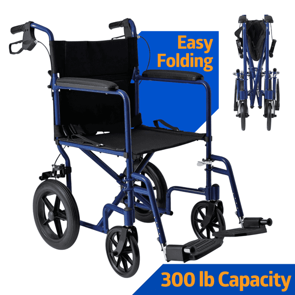 Medline Transport Wheelchair with Permanent Full-Length Arms and Handbrake, Lightweight, Swing-Away Footrests, 300 lb Capacity, Blue