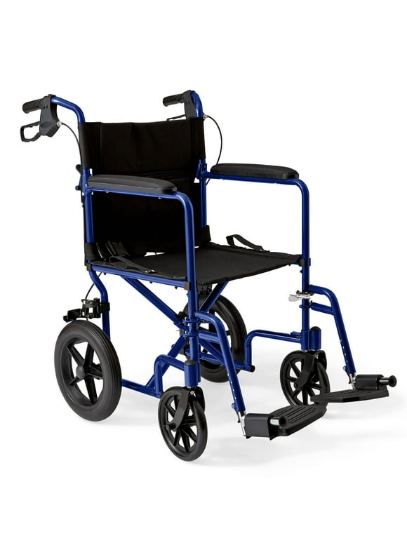 Medline Lightweight Foldable Transport Wheelchair with Handbrakes and 12" Wheels, Blue Frame
