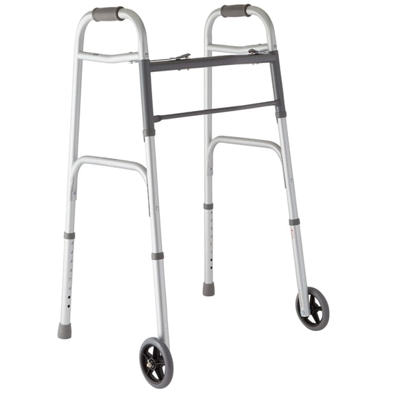 Medline Lightweight Folding Walker for Seniors with 5-Inch Wheels, Steel, 300-lb Capacity, Silver