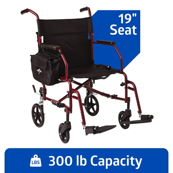 Medline Lightweight Steel Transport Chair, Folding Chair is Portable,  300 lb Weight Capacity, 19 inch Seat, Red