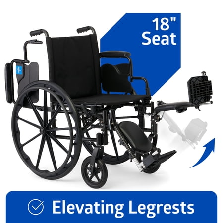 Medline Lightweight Wheelchair with Swing-Back Desk-Length Arms & Elevated Legrests, 16"x18" Seat, 300 lbs Weight Capacity, Black