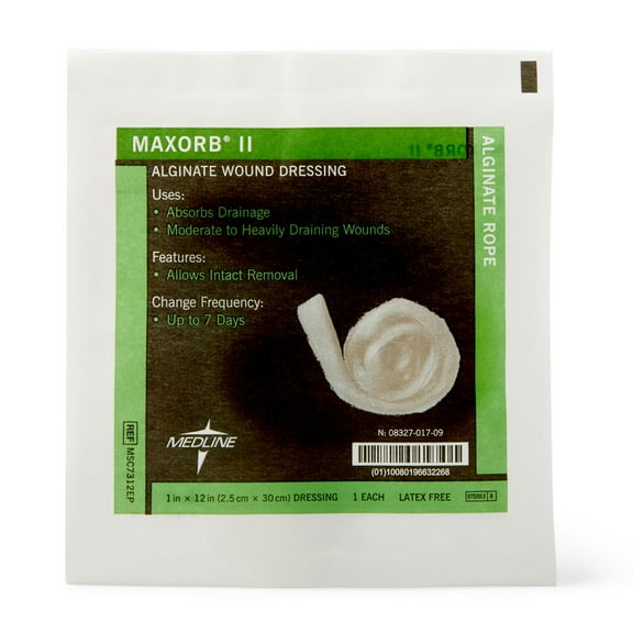 Medline Maxorb II Alginate Wound Dressings, 1" x 12" Rope, 5 Count