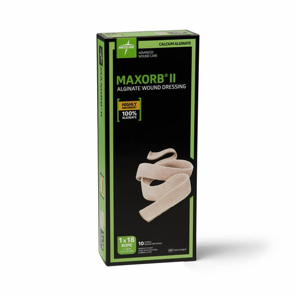 Medline Maxorb II Alginate Wound Dressings, 1" x 18" Rope, 10 Count