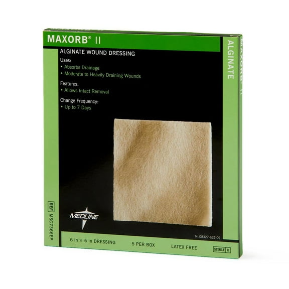 Medline Maxorb® II Alginate Wound Dressings, 6" x 6", 5 Count