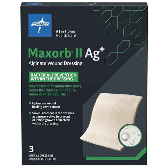 Medline Maxorb II Antibacterial Silver Alginate Wound Dressing, 2" x 2", 3 Count