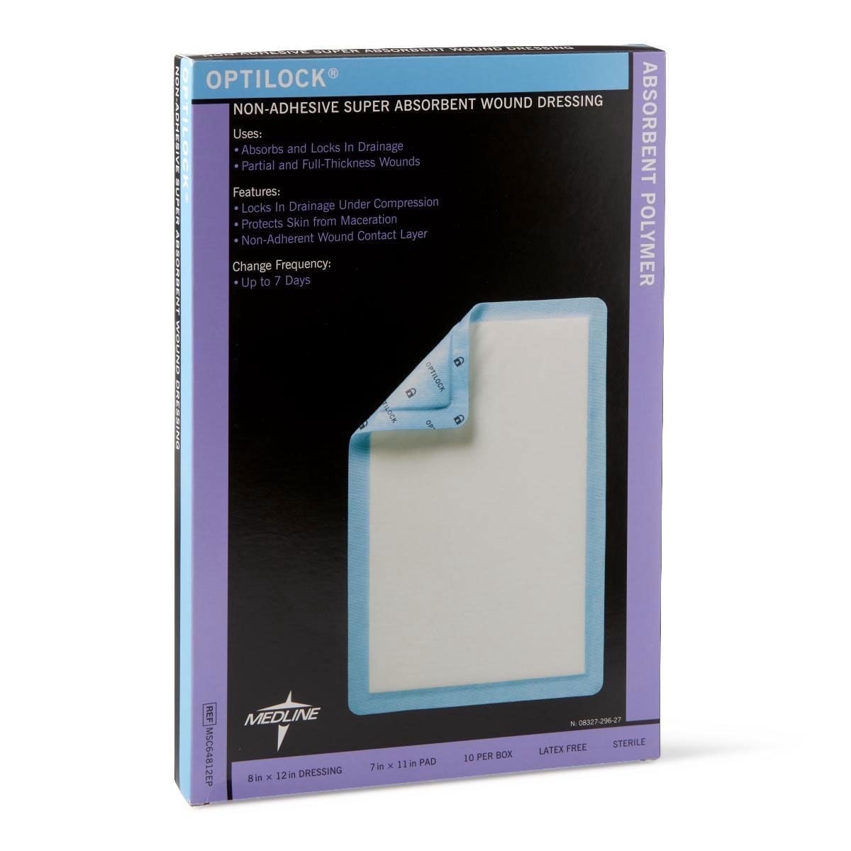 Medline OptiLock Non-Adhesive Dressings, Super Absorbent Dressing, 8"x12", 10 Count