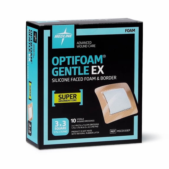 Optifoam Gentle EX Silicone-Faced Bordered Foam Dressing, 3" x 3", 10 Count