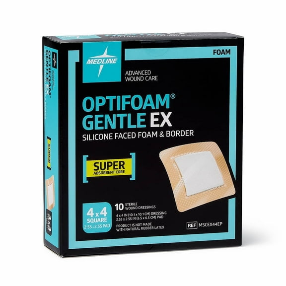 Medline Optifoam Gentle EX Bordered Foam Adhesive Dressing, 4" x 4", 10 Count