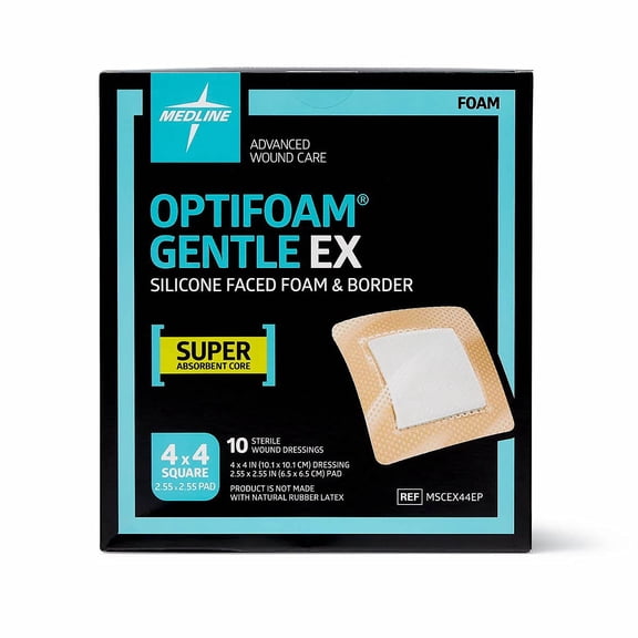 Medline Optifoam Gentle EX Bordered Foam Adhesive Dressing, 4" x 4" Square (100 Count)