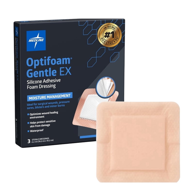 Medline Optifoam Gentle EX Silicone Foam Dressing, 4x4 in, 3ct