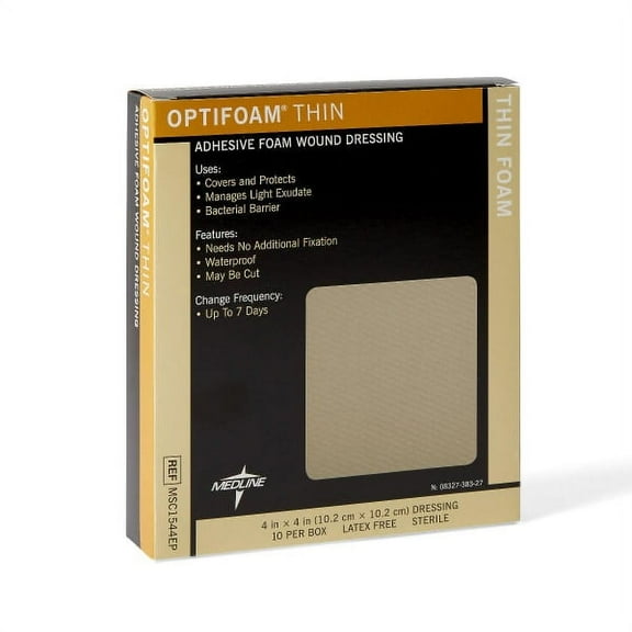 Medline Optifoam Thin Adhesive Dressings, 4" x 4", Tan, Pack Of 10