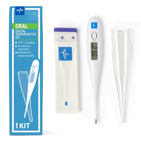 Medline 30-Second Oral Digital Stick Thermometer with Fahrenheit/Celsius - Accurate & Fast Readings - 20 Sheaths Included