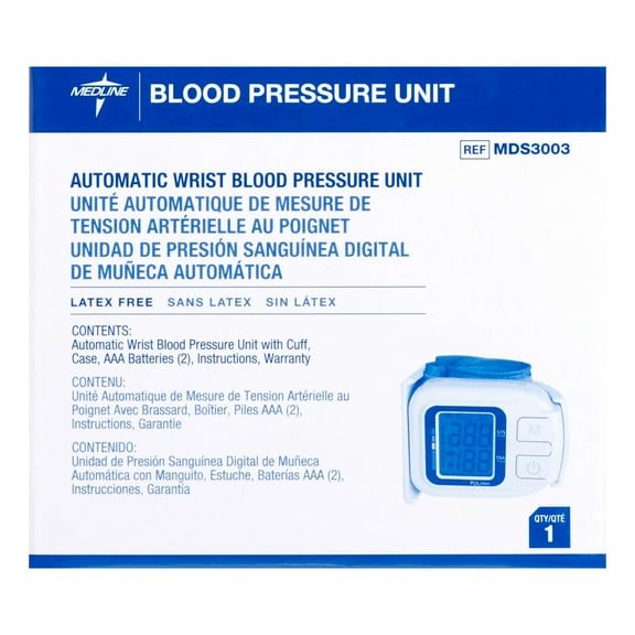 Medline Plus Automatic Wrist Blood Pressure Unit, Latex Free, White/Blue