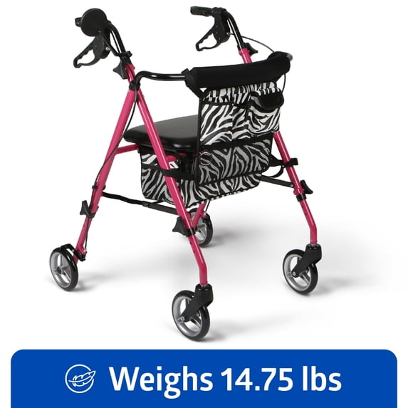 Medline Rolling Walker, Folding Rollator with Seat and 6-In Wheels, Lightweight, Posh Pink, 250-lb Capacity, Aluminum, Cosmetic Mirror
