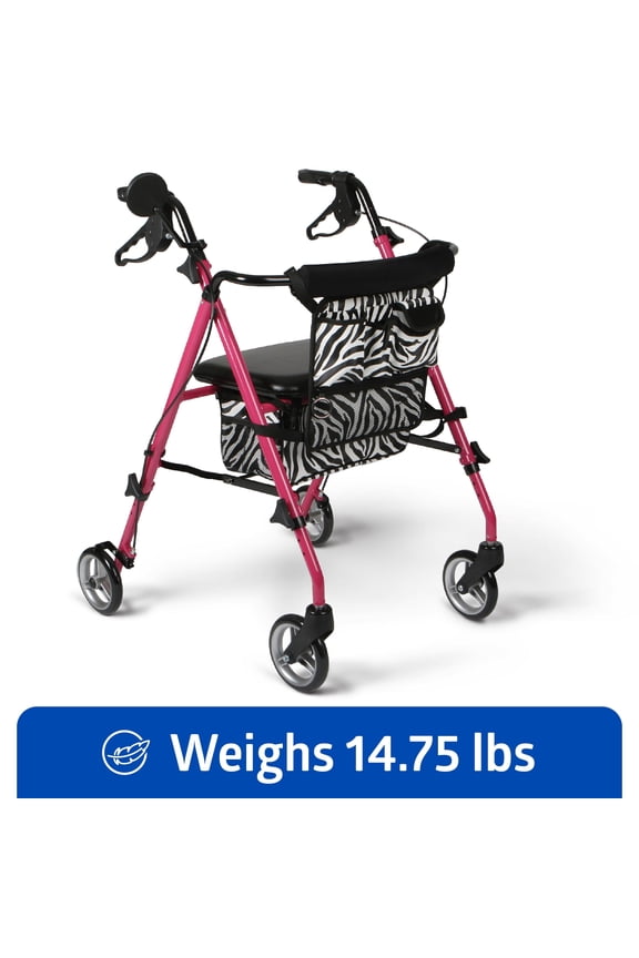 Rolling Walker, Folding Rollator with Seat and 6-In Wheels, Lightweight, Posh Pink, 250-lb Capacity, Aluminum, Cosmetic Mirror