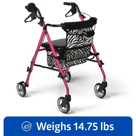 Medline Posh Premium Lightweight Aluminum Rollator Walker, Pink & Zebra Print, 250 lb. Weight Capacity, 6" Wheels