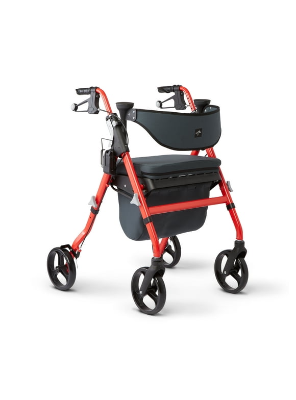 Medline Premium Empower Rollator Walker with Memory Foam Seat, Black & Red, 300 lb. Weight Capacity, 8” Wheels, Microban* Technology