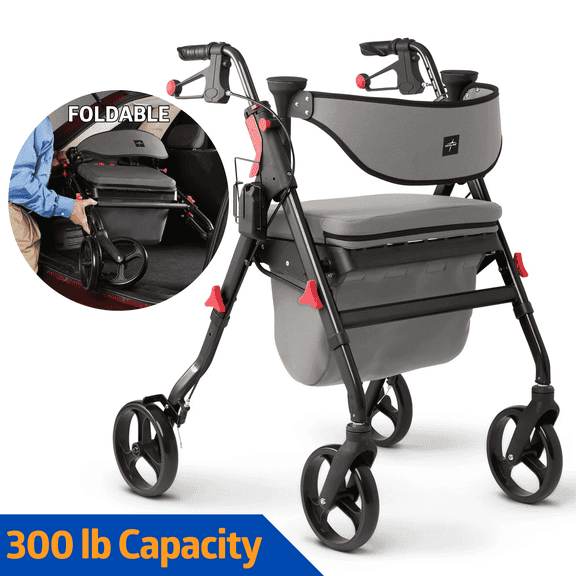 Medline Rolling Walker, Rollator with Seat and 8-In Wheels, Lightweight, Black, 300-lb Capacity, Aluminum, Memory Foam Seat