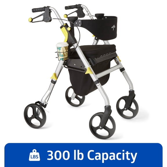Medline Rolling Walker, Rollator with Seat and 8-In Wheels, Lightweight, Silver, 300-lb Capacity, Aluminum, Memory Foam Seat