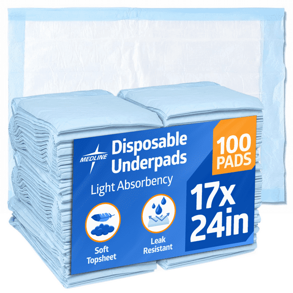 Medline Light Absorbency 17" x 24" Fluff Disposable Underpad, Great For Changing Table and Surfaces, 100 case