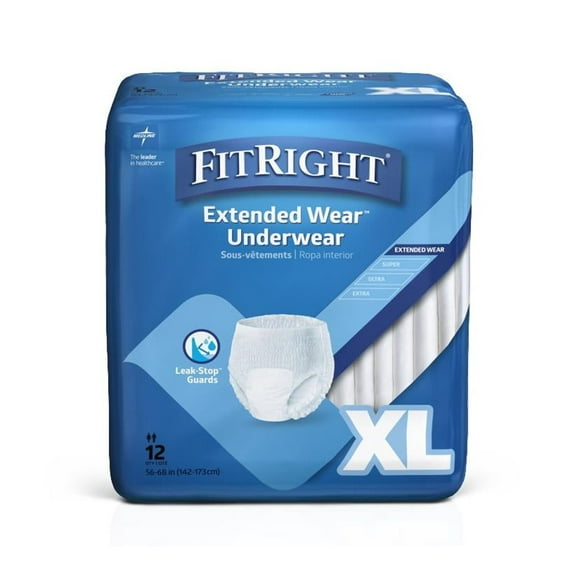 FitRight Incontinence Underwear for Men and Women, Adult Diapers, Extended-Wear Absorbency, XL, 56in to 68in, 12 Count