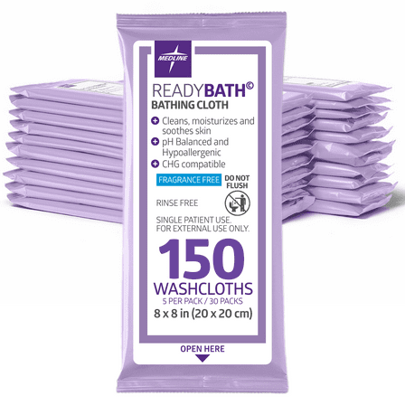 Medline ReadyBath Unscented Adult Bath Wipes, No Rinse Shower Wipes with Aloe (5 Wipes, 30 Packs), 150 Total Wipes