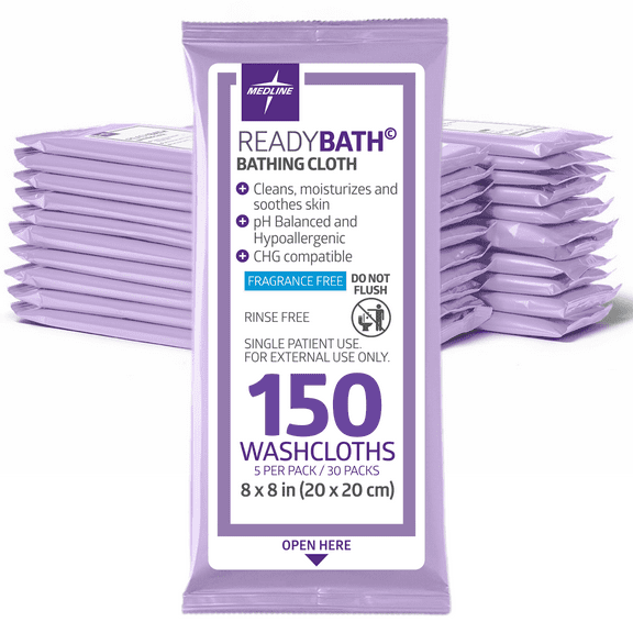 Medline ReadyBath Unscented Adult Bath Wipes, No Rinse Shower Wipes with Aloe (5 Wipes, 30 Packs), 150 Total Wipes