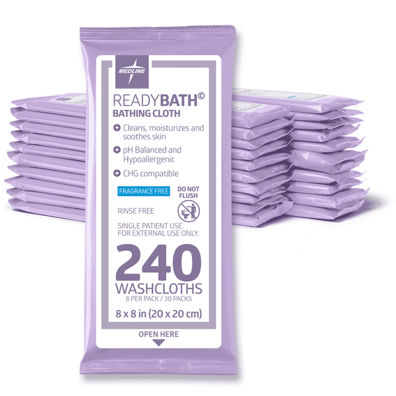 Medline ReadyBath Unscented Adult Bath Wipes, No Rinse Shower Wipes with Aloe (8 Wipes, 30 Packs), 240 Total Wipes