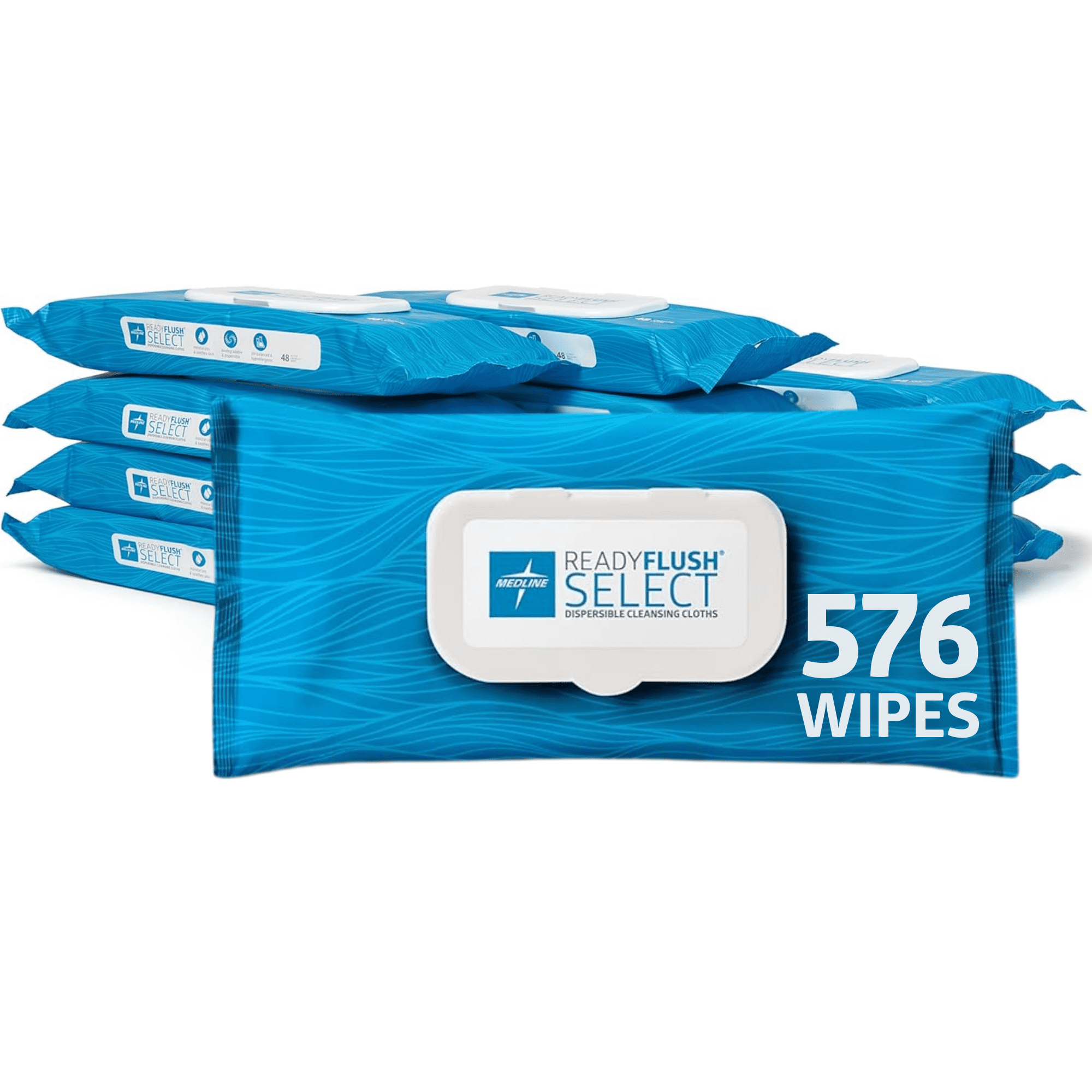 Medline ReadyFlush SELECT Flushable Adult Cleansing Body Wipes, Unscented, 8 x 10In, 576 Count