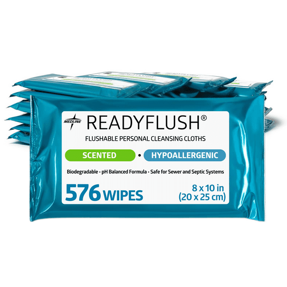 Medline ReadyFlush Scented Flushable Wipes for Adults, 24 Packs of 24 Wipes, 576 Total Wipes