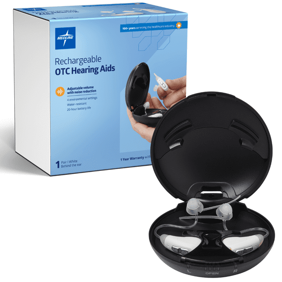 Medline Rechargeable OTC Behind-The-Ear Hearing Aid, White, Adjustable Volume