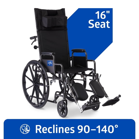 Medline Reclining Wheelchair with Removable Desk Arms, Elevating Legrests, 16-In Seat, 300 lb Weight Capacity, Black