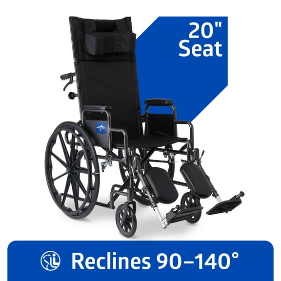 Medline Reclining Wheelchair with Removable Desk Arms, Elevating Legrests, 20-In Seat, 300 lb Weight Limit, Black