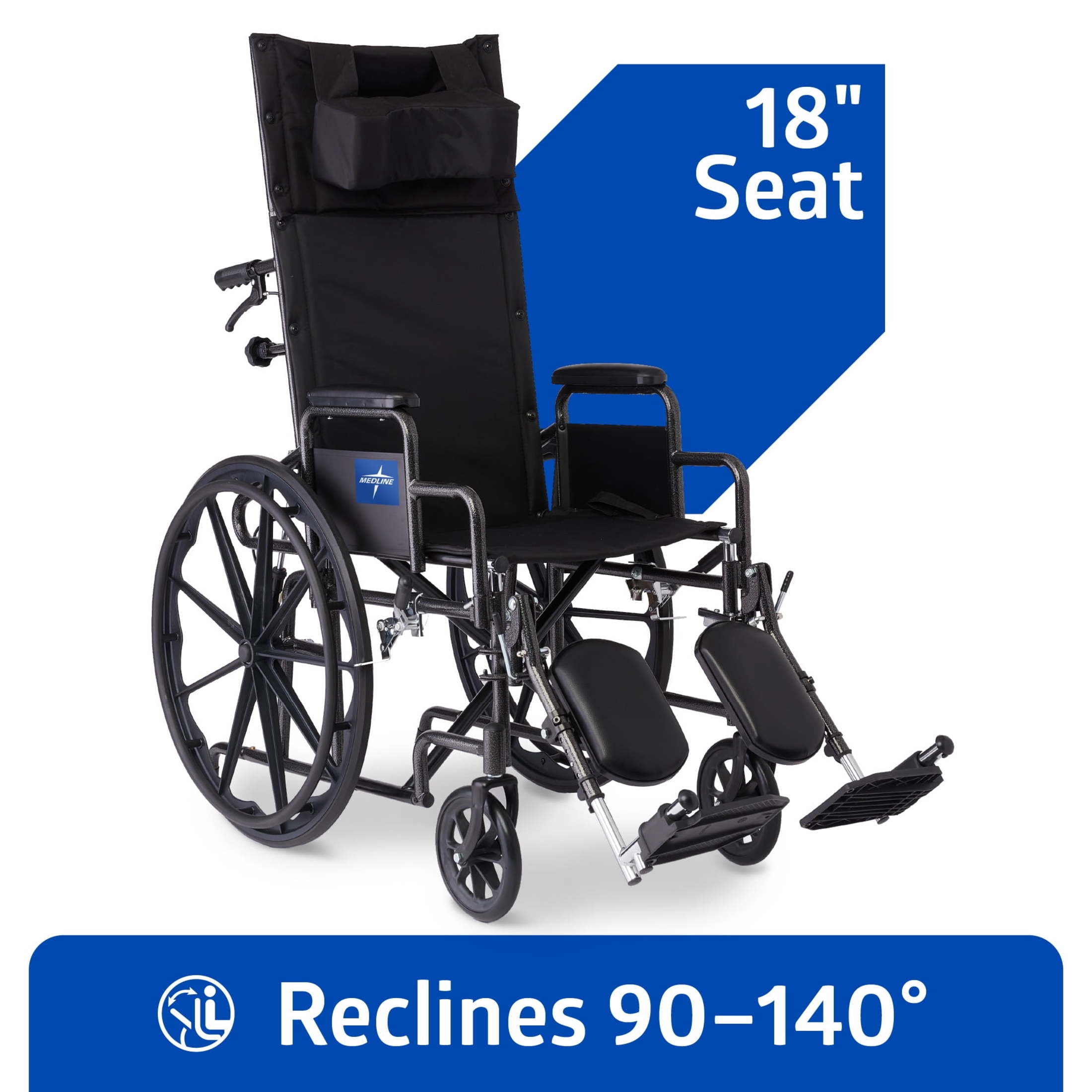 Medline Reclining Wheelchair with 18 in Wheels, Elevating Leg Rests, Supports up to 300 lbs, Black
