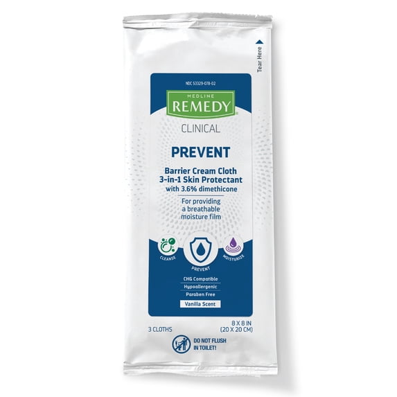 Medline Remedy Clinical 3-in-1 Barrier Cream Cloth Adult Wet Wipes, Vanilla Scent, 8 in x 8 in, 45 Count