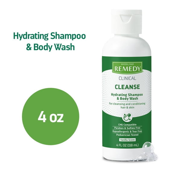 Medline Remedy Clinical Hydrating No-Rinse Shampoo & Body Wash, 4 oz, Vanilla Scented, 48 Count