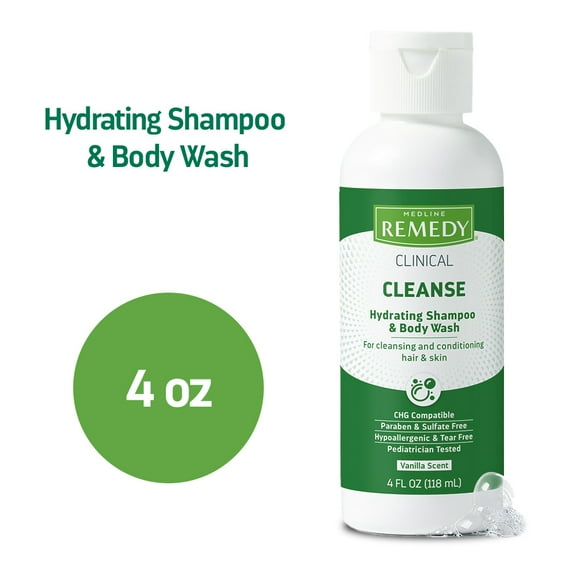 Medline Remedy Clinical Hydrating No-Rinse Shampoo & Body Wash, 4 oz, Vanilla Scented, 48 Count