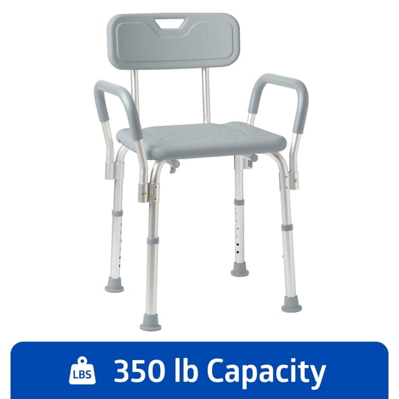 Medline Bath Chair and Shower Chair with Back and Armrests for Elderly, 13.5-In Seat, 350 lb Weight Capacity, Gray