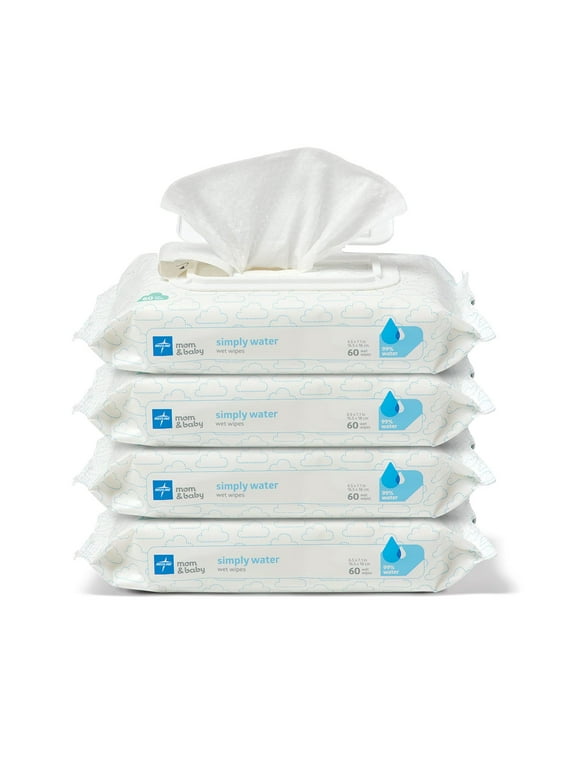 Medline Simply Water Wet Wipes with 99% Water, Eco-friendly cloth, Hypoallergenic, Fragrance-Free, 60 Wipes per Pack (4 Packs)
