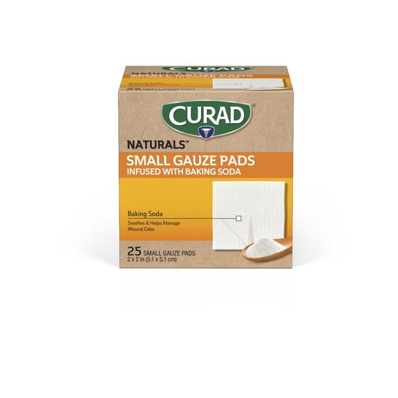 CURAD Naturals Small Gauze Pads with Baking Soda for Odor Control, 2 x 2 in, 25 Count
