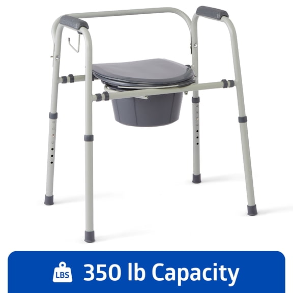 Medline 3-in-1 Bedside Commode, Portable Toilet, Sturdy, 16-In Seat, 350 lb Weight Capacity, Steel, Gray, Microban