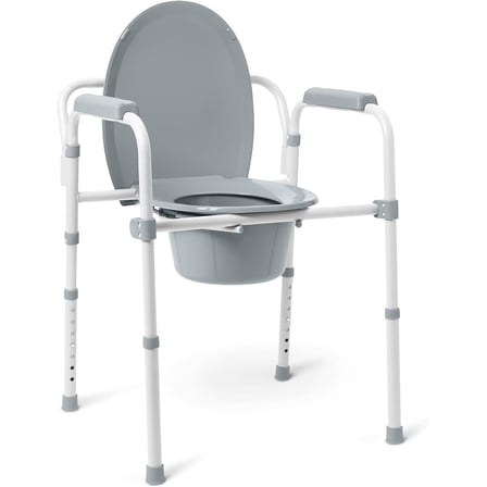Medline 3-in-1 Steel Bedside Commode, Elongated Seat, Sturdy Folding Frame, 7.5 QT. Bucket, 350 lb. Weight Capacity, Clip-on Seat, Easy Cleaning, Tool-Free Assembly, Gray