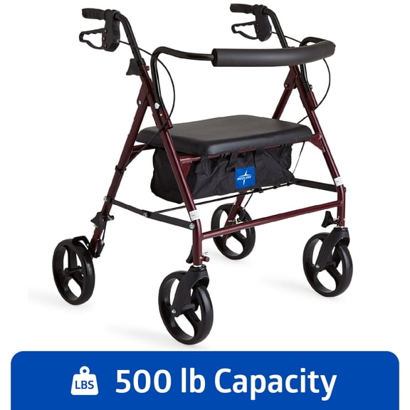 Medline Rolling Walker, Folding Rollator with Seat and 8-In Wheels, Heavy Duty, Burgundy, 500-lb Capacity, Steel