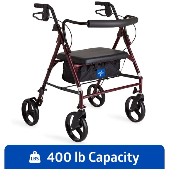 Medline Rolling Walker, Folding Rollator with Seat and 8-In Wheels, Heavy Duty, Burgundy, 500-lb Capacity, Steel