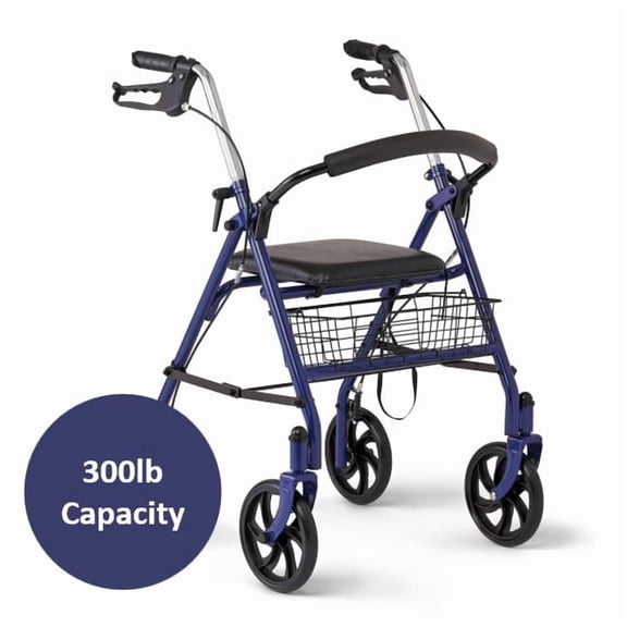 Medline Rolling Walker, Folding Rollator with Seat and 8-In Wheels, Blue, 300-lb Capacity, Steel