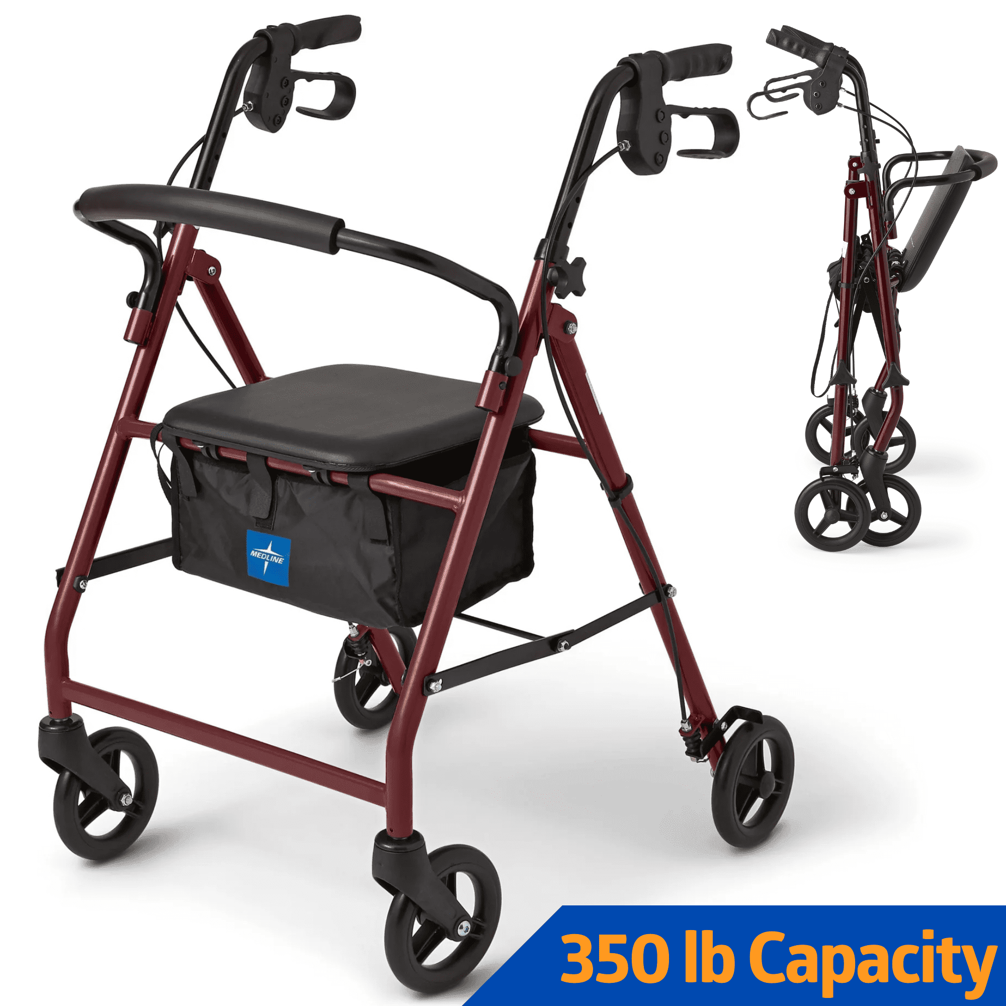 Medline Rolling Walker, Folding Rollator with Seat and 6-In Wheels, Burgundy, 350-lb Capacity, Steel