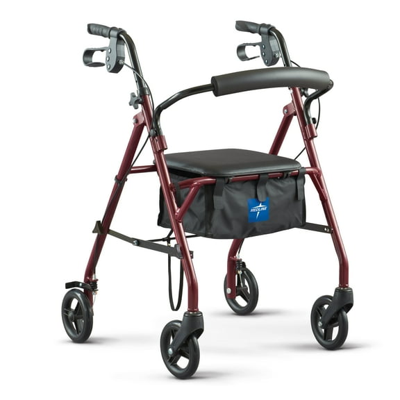 Medline Steel Rollator Walker with Seat for Seniors, Foldable, Burgundy