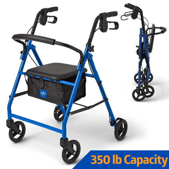 Medline Steel Rollator Walker for Adult, Blue, 350 lb. Weight Capacity, 6” Wheels, Foldable, Adjustable Handles