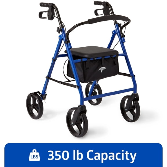 Medline Steel Rollator Walker for Adult, Blue, 6” Wheels, 350 lb. Capacity, Foldable, Adjustable Handles