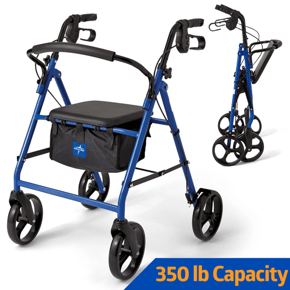 Medline Steel Rollator Walker for Adult, Blue, 350 lb. Weight Capacity, 8” Wheels, Foldable, Adjustable Handles